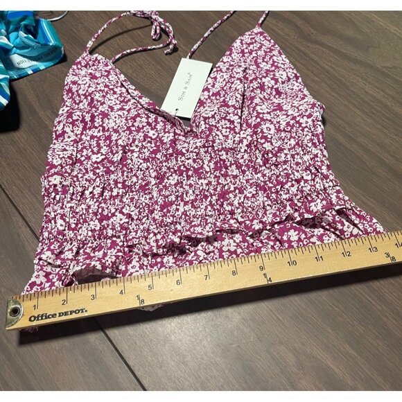 Sim & Sam Womens Floral Smocked Peplum Crop Top Sizzling Magenta Size Large - Picture 9 of 10